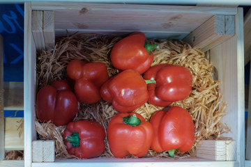 Big red organic Capsicum in a wooden shelf