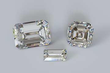 Emerald, asscher, baguette cut diamonds on white background