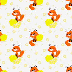 Obraz premium Cute little fox and lemon seamless pattern.