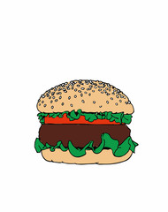 Color hamburger isolated on white, fast food, vector illustration