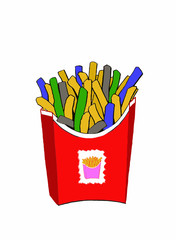 multi-colored french fries in red box, fast food,vector