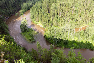 Top view of the river valley. Dense forest