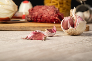 still life of minced meat, preparation of macaroni bolognese
