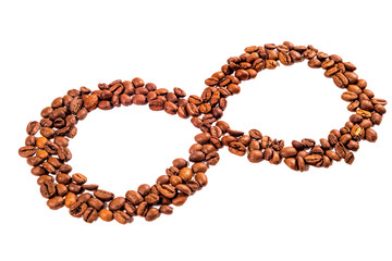 Isolated infinity sign made of coffee beans. Illustrating concept of everlasting aroma or eternal coffee.