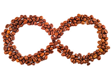 Isolated infinity sign made of coffee beans. Illustrating concept of everlasting aroma or eternal coffee.