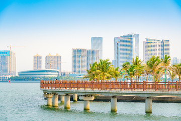 Bridges and buildings in Golden Bay, Zhanjiang city