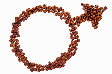 Isolated male sex sign made with coffee beans. Special coffee for women.