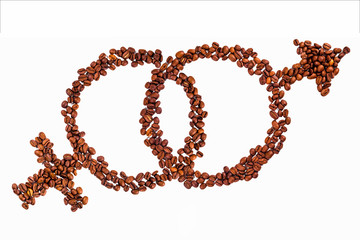 Isolated male and female sex signs combination made with coffee beans. Coffee unites people.