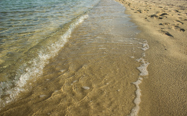 idyllic sand shoreline along soft blue transparent tropic sea water summer beach background with empty copy space for text