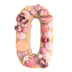 3d rendering illustration,0/ zero number cake with cookies, macaroons, flowers and strawberries