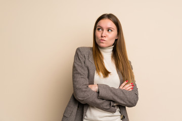 Young business woman with confuse face expression