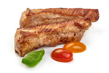 Grilled pork ribs, fried meat, close-up, isolated on white background