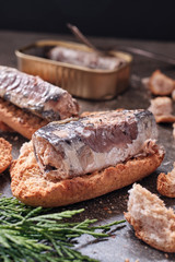 Close up of canned sardines on toast