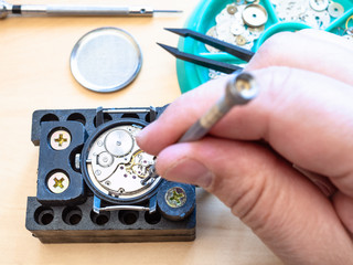watchmaker disassembles watch by screwdriver