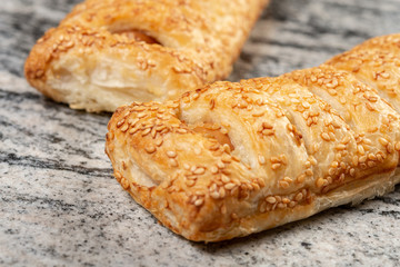 Puff Pastry With Hot Dog On The Grey Marble