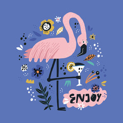 Pink flamingo flat hand drawn poster © faveteart