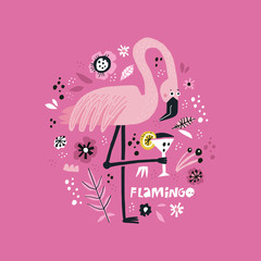 Pink flamingo vector hand drawn poster © faveteart