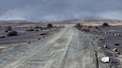Gray road and black sand in a desert © Nika Lerman