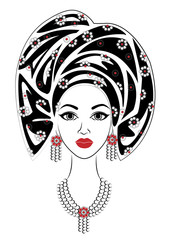 Silhouette of a head of a sweet lady. A bright shawl and a turban are tied on the head of an African-American girl. The woman is beautiful and stylish. Vector illustration.