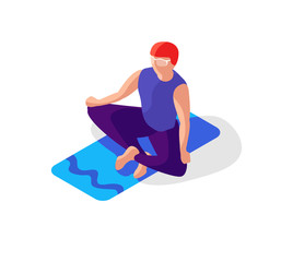 Man sitting in yoga asana. Recreation. Isometric flat 3d design on white background