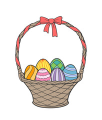 Wicker basket with bow full of decorated Easter eggs. Colored vector illustration, isolated on white