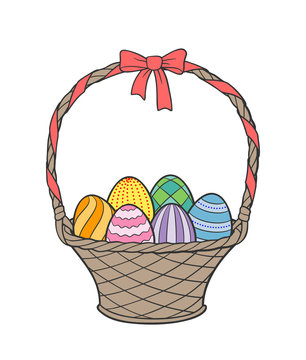 recommend clip art: Wicker basket with bow full of decorated Easter eggs. Colored vector illustration, isolated on white