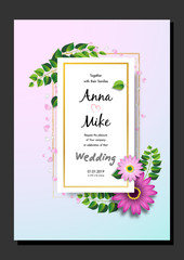 Paper art of Pink and White Daisy Flower Wedding Invitation Card Vector 001