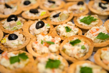 Fish and meat salads in tartlets on a plate.