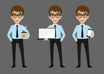 Businessman cartoon character, set of three poses. Handsome business man in office style clothes holding mobilephone, laptop and holding coffee. Vector illustration