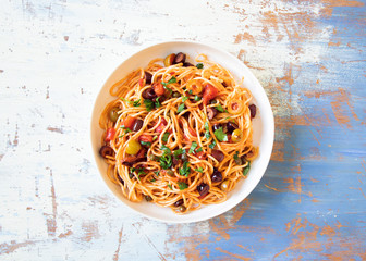 Traditional Itallian pasta spaghetti alla puttanesca.
