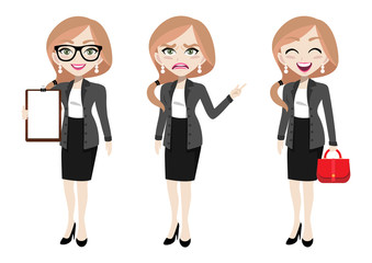 Businesswoman cartoon character, set of three poses. Beautiful business woman in office style clothes holding paper clip board, angry emotion, holding bag. Vector illustration.