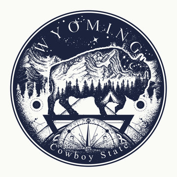 Wyoming. Tattoo and t-shirt design. Welcome to Wyoming, (USA). Cowboy state slogan. Travel art concept