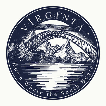 Virginia. Tattoo and t-shirt design. Welcome to state of Virginia, (USA). Down where the South begin slogan. Travel art concept