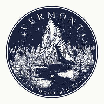 Vermont. Tattoo and t-shirt design. Welcome to Vermont, (USA). Green mountain state slogan. Travel art concept