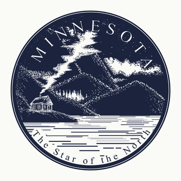 Minnesota. Tattoo and t-shirt design. Welcome to state of Minnesota, (USA). The star of the north slogan. Travel art concept