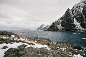 Coastal Trekking Near A in Lofoten Archipelago in the Arctic Circle in Norway