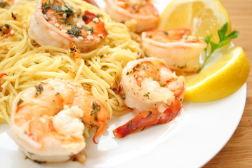 Close Up of Jumbo Tiger Shrimp Scampi & Pasta 