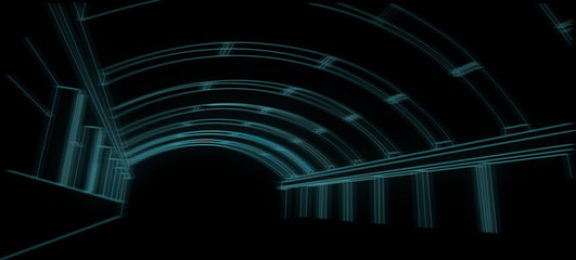 Abstract arch, neon light, rays. rendering illustration of an interior space and modern architectural lights defocused
