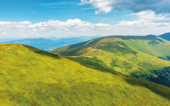 beautiful summer landscape in mountains. ridge rolling in the distance. sunny weather. fluffy clouds on the blue sky. wonderful nature background. location carpathians, borzhava