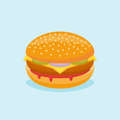 Cheeseburger with beef, onion and cucumber isolated on blue background. Vector illustration.