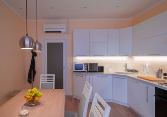 Interior. Kitchen modern, white, gray, beige color