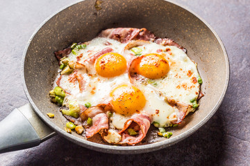 English breakfast fried bacon ham and eggs in ceramic pan