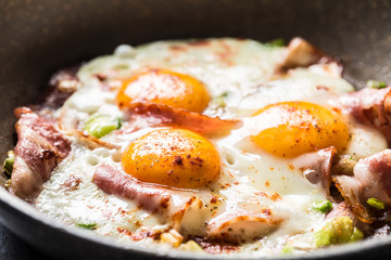 English breakfast fried bacon ham and eggs in ceramic pan