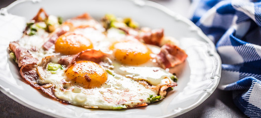 English breakfast fried bacon ham and eggson white plate