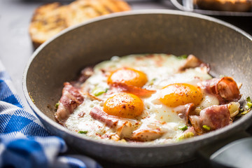 English breakfast fried bacon ham and eggs in ceramic pan