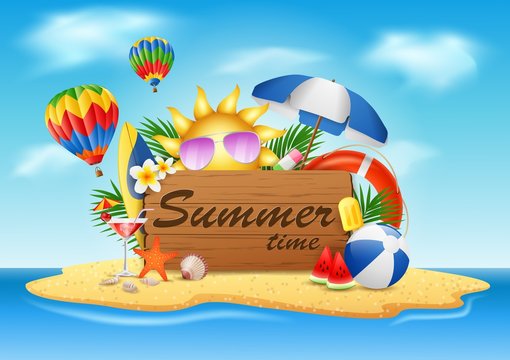 Summer vacation, typographic illustrations on beach island with vintage wooden background. vector illustration