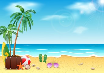 Summer time, sea,beach and coconut tree with beauty blue sky background. vector illustration