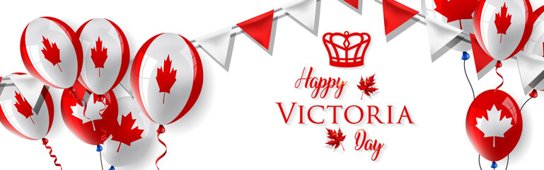 Happy Victoria Day - Victoria Day icon with Canada flag and crown. Canada maple leaf.