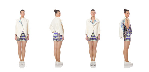 Obraz premium Pretty model wearing purple floral dress isolated on white