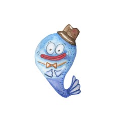 Watercolor illustration of a fish. Blue fish guy is suitable for children's illustration, print and printing.